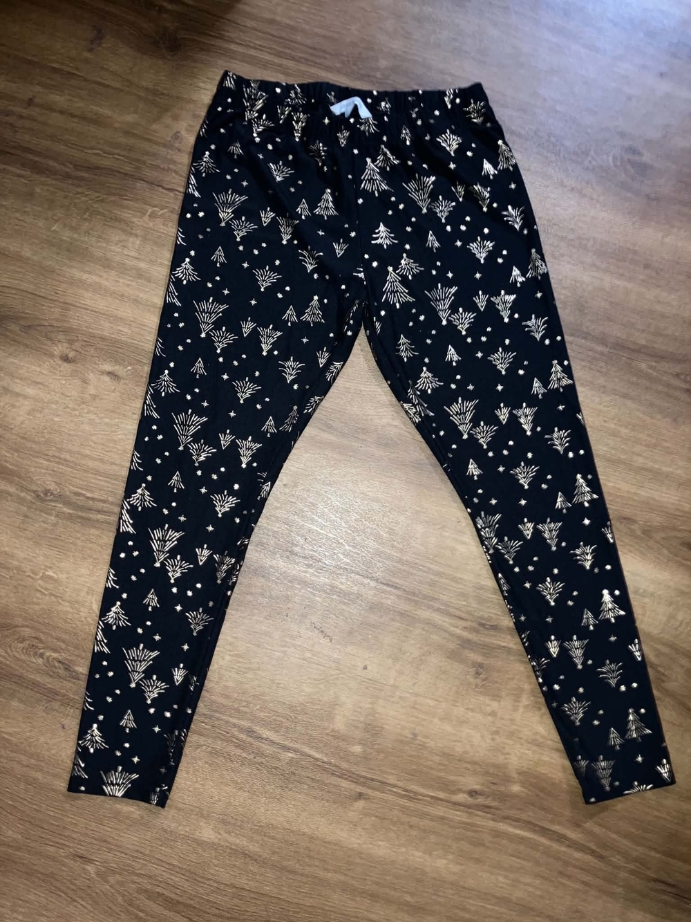 Black Leggings with Gold Holiday Tree Print